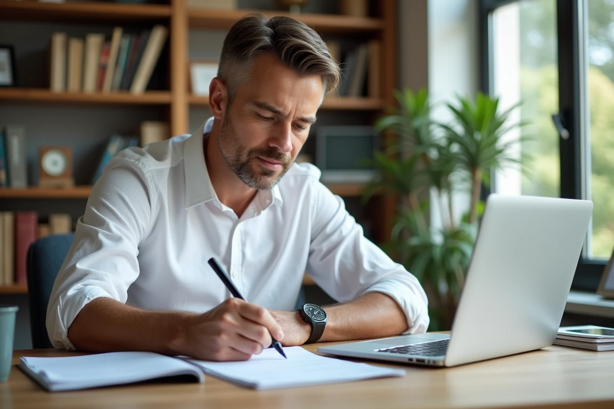 Homme annotatant un agenda papier dans un bureau à domicile, calculant des délais en jours ouvrés et ouvrables