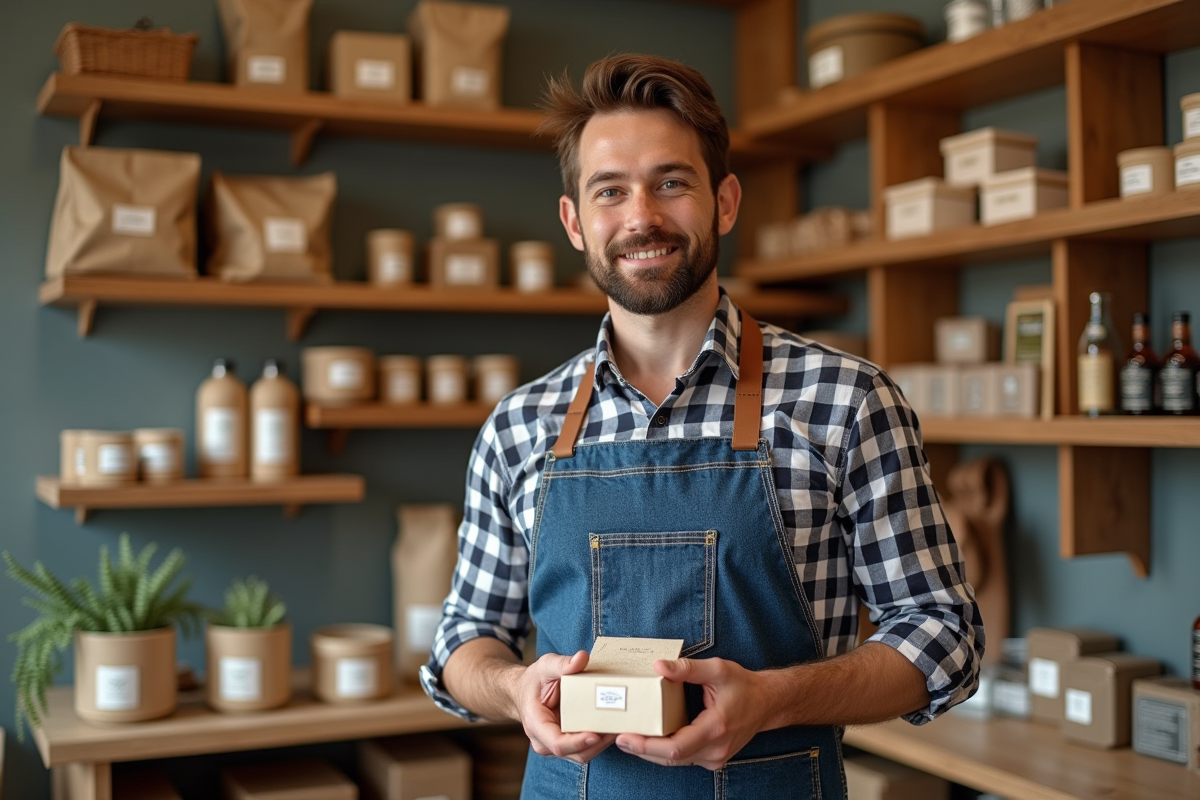 Homme propriétaire de boutique tenant un produit étiquete
