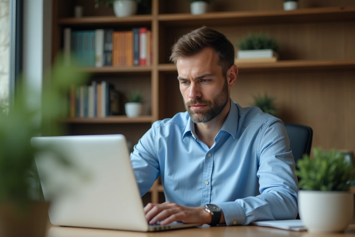 Homme concentré dans son bureau moderne et accueillant
