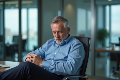 Homme d'âge moyen au bureau avec expression préoccupée