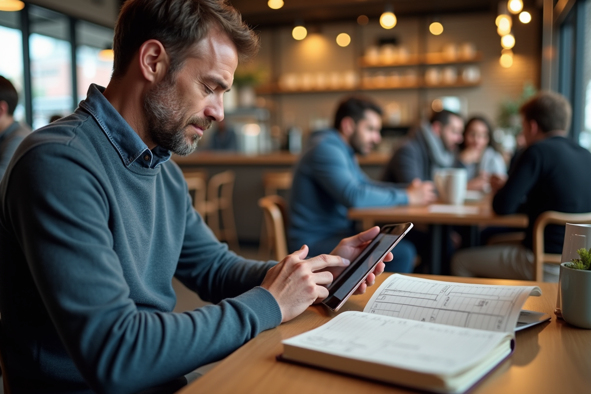 Homme au café comparant agenda papier et application