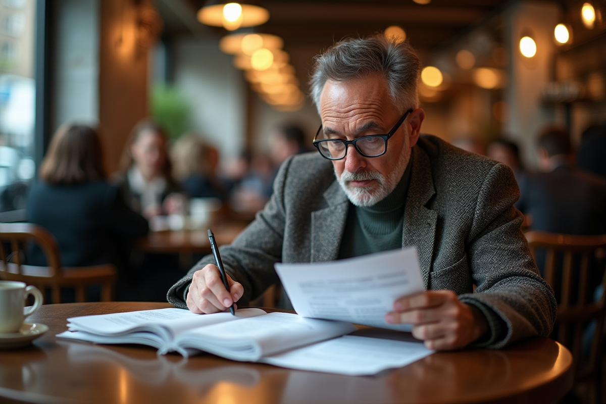 Homme en tweed lisant un manuscrit dans un café