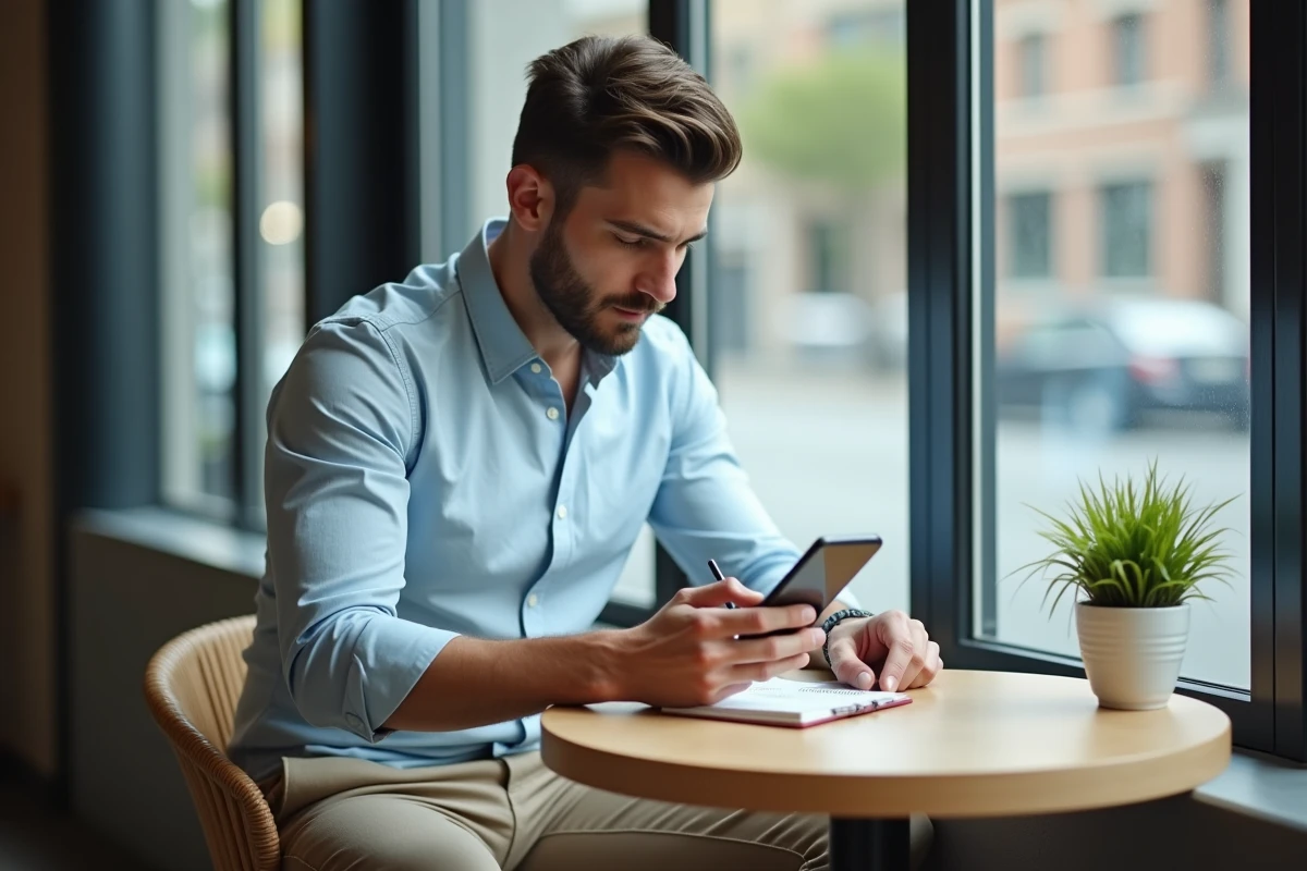Homme décontracté utilisant son smartphone dans un café urbain