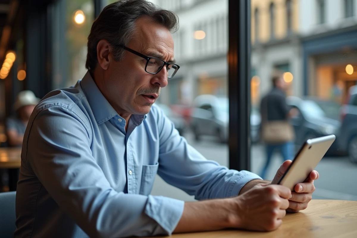 Homme d age moyen regarde un site d achat en ligne au café