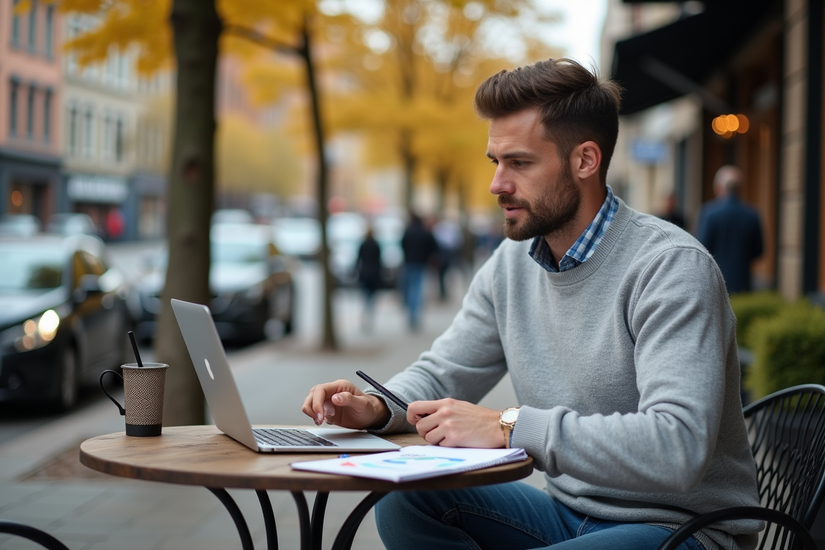 Homme détendu analysant des données en extérieur
