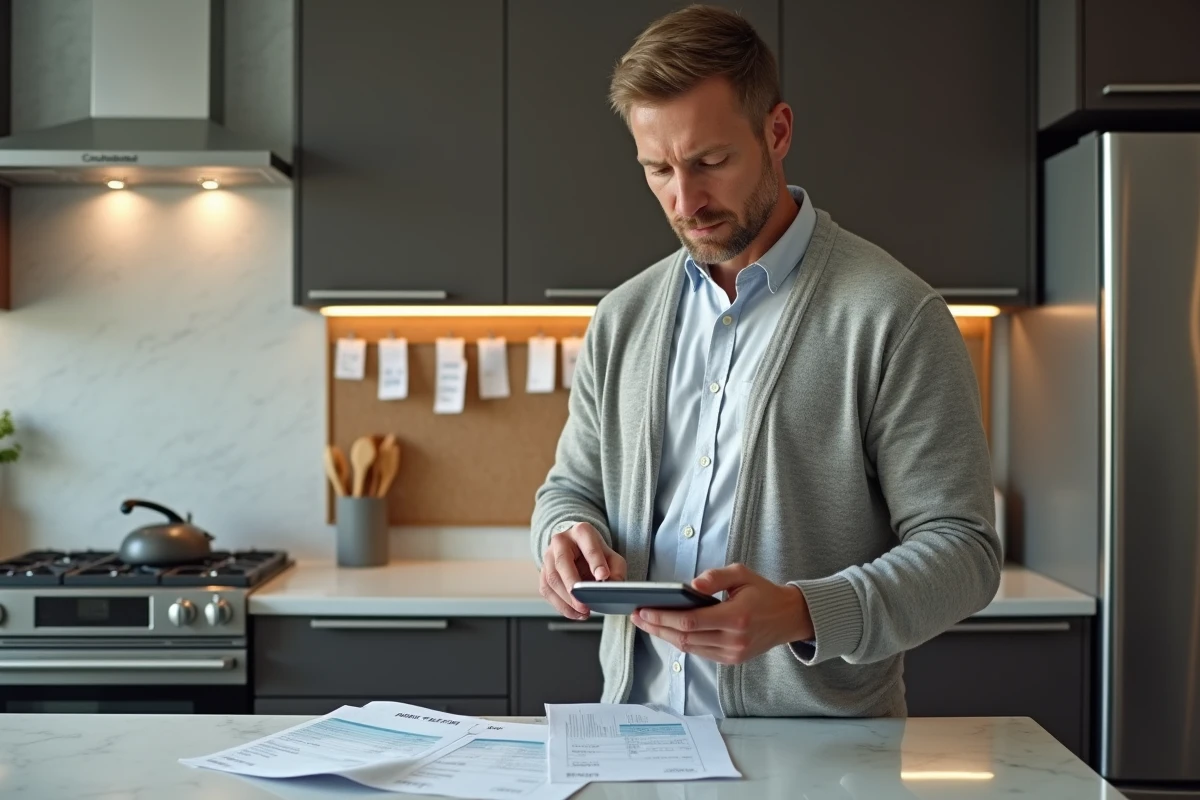 Homme utilisant une calculatrice avec des fiches de paie