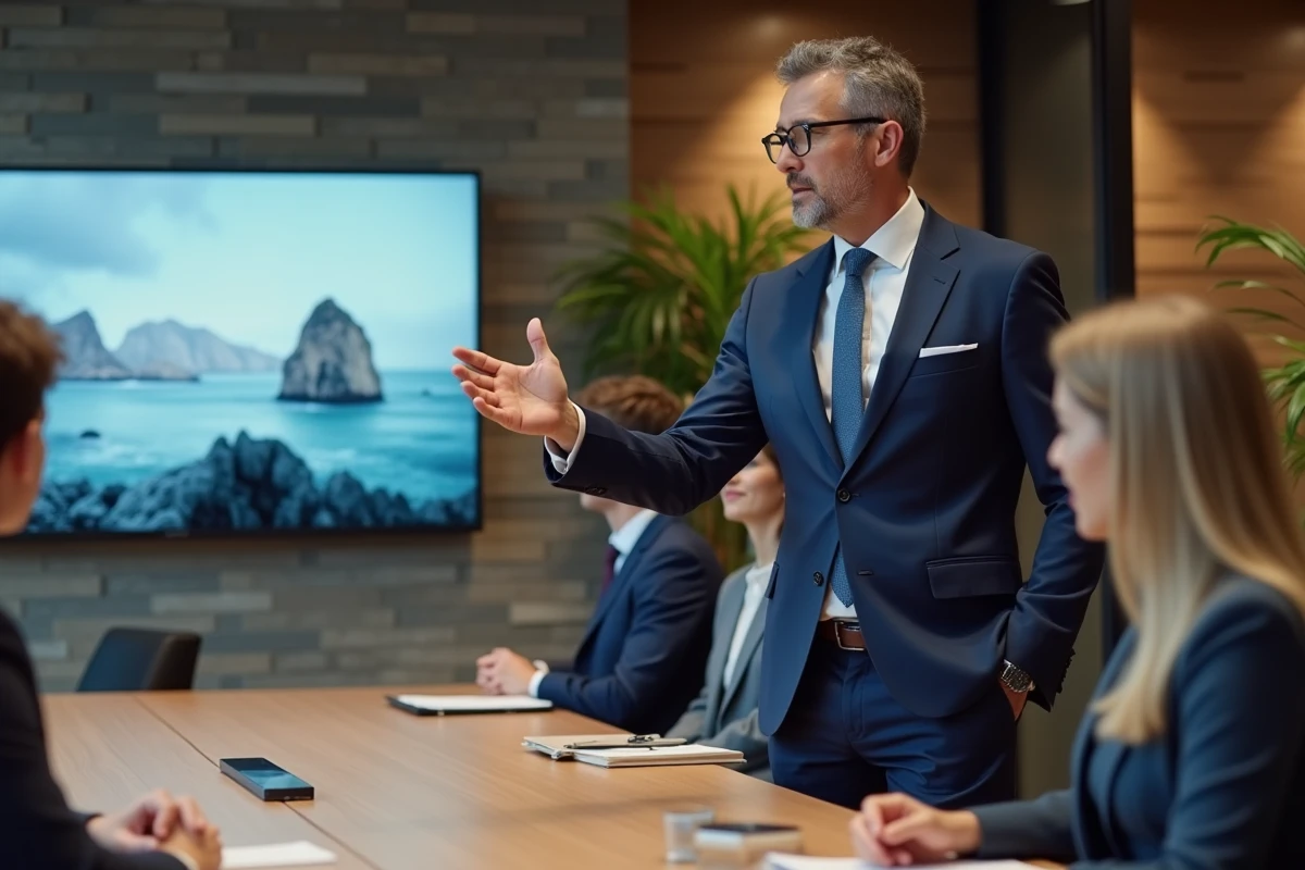 Homme en costume présente un site web lors d