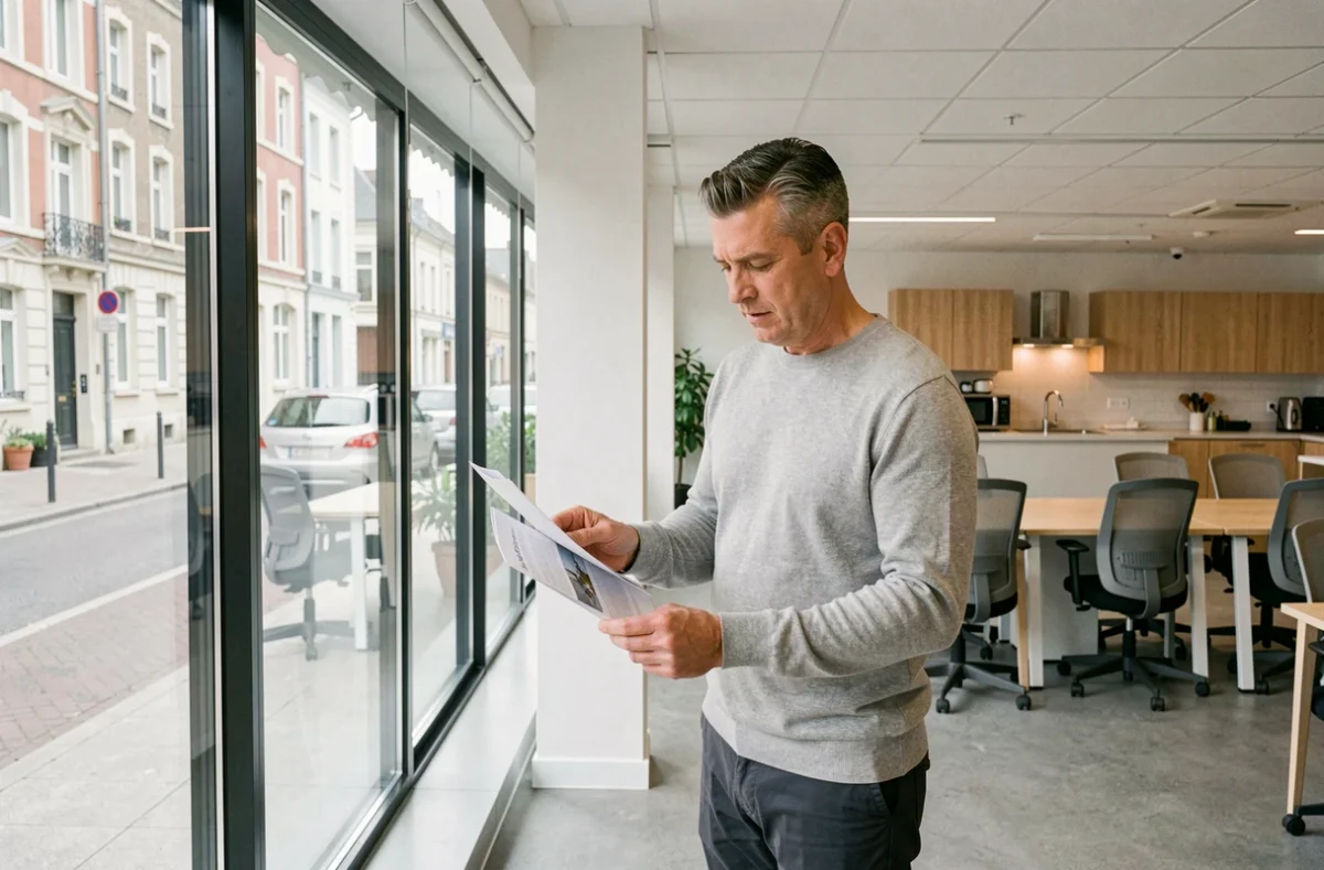 Homme consultant des documents dans un grand espace de coworking à Nantes avec vue sur la ville
