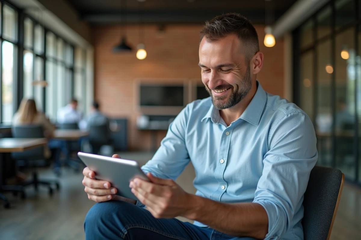 Homme souriant vérifiant ses textes sur une tablette dans un espace de coworking