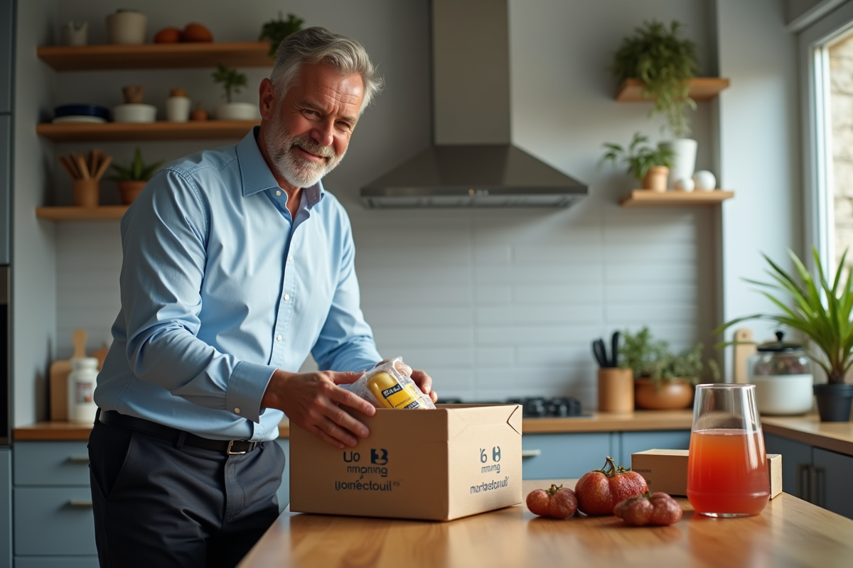 Homme déballant des courses Carrefour dans sa cuisine