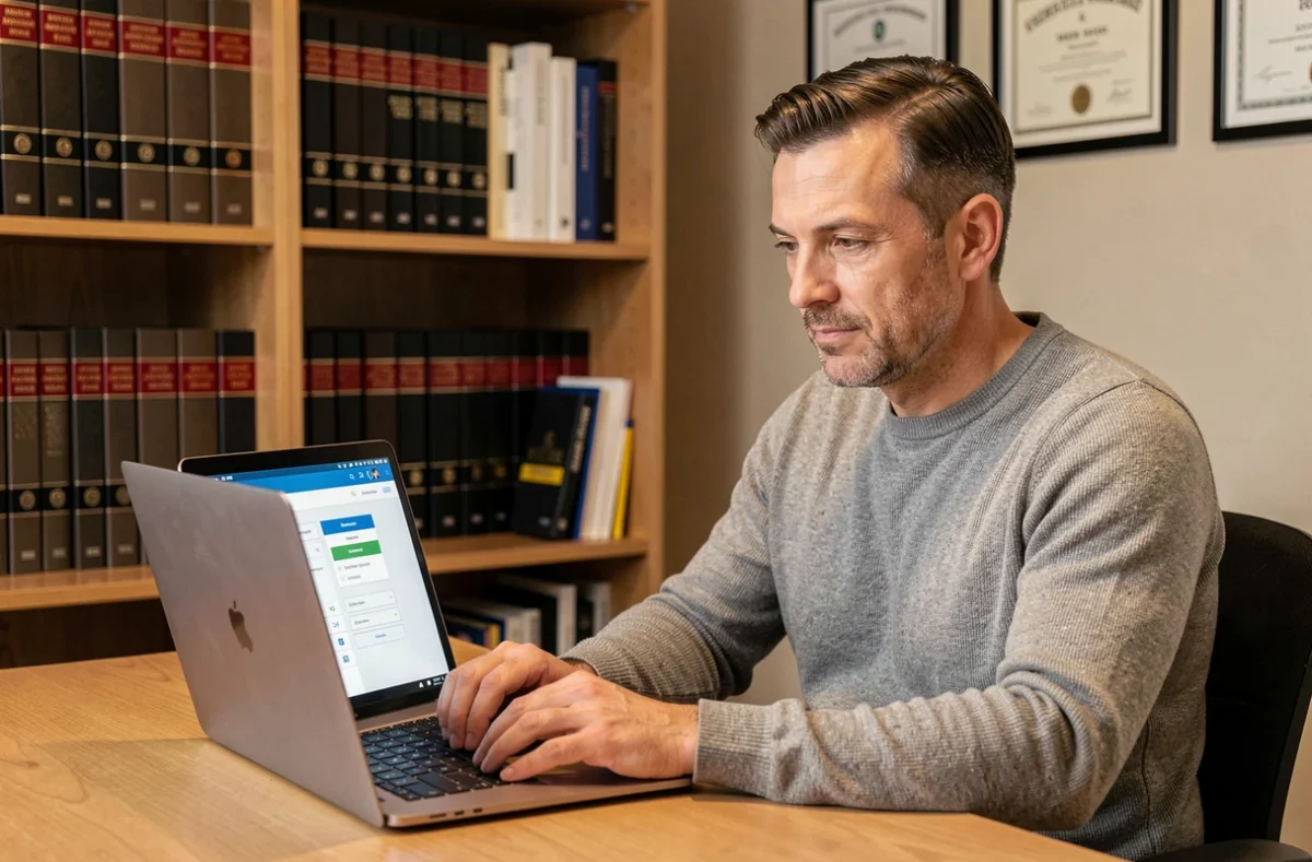 Homme utilisant une plateforme en ligne pour déposer une demande de propriété intellectuelle depuis son bureau à domicile