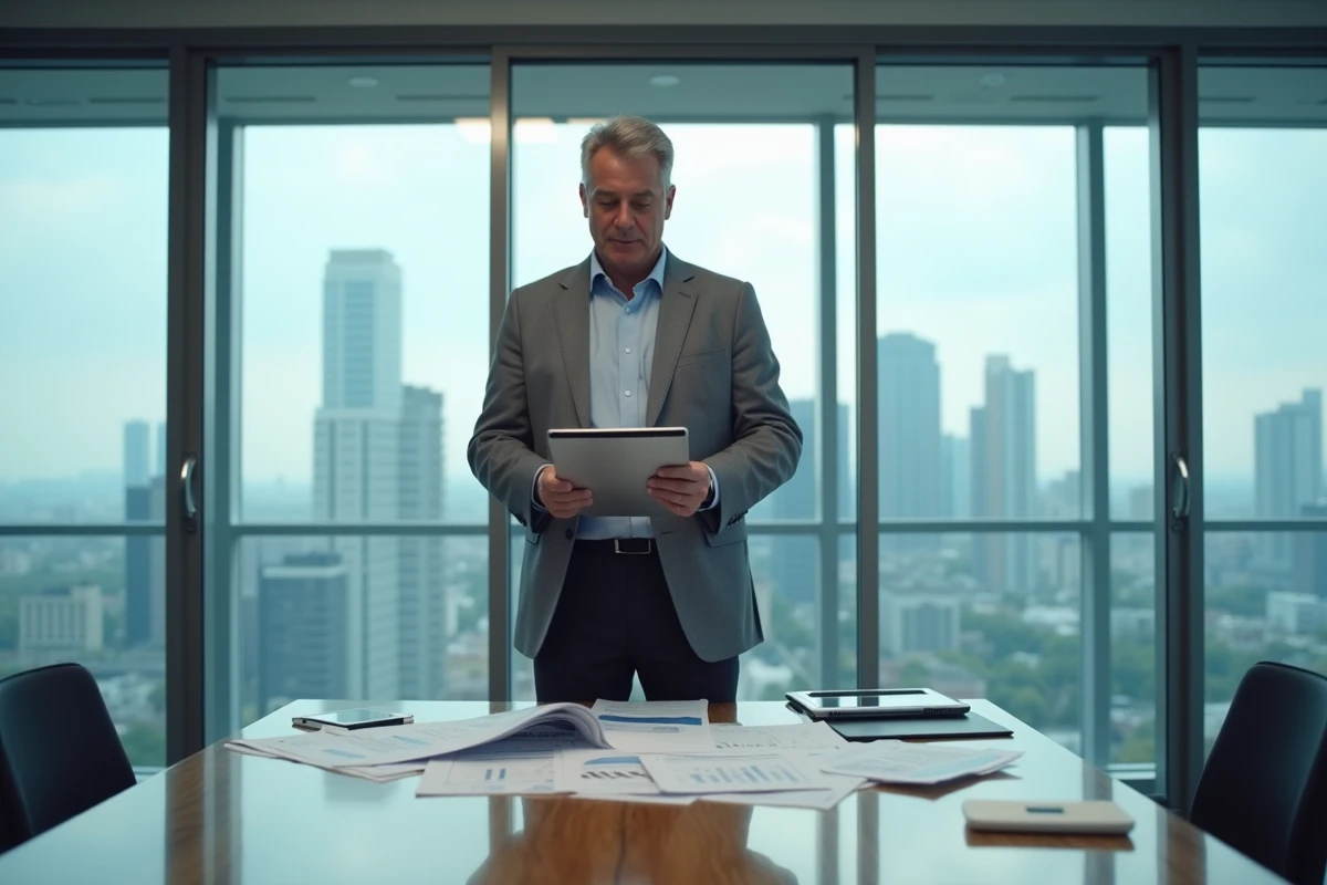 Homme d affaires dans salle de réunion avec vue urbaine