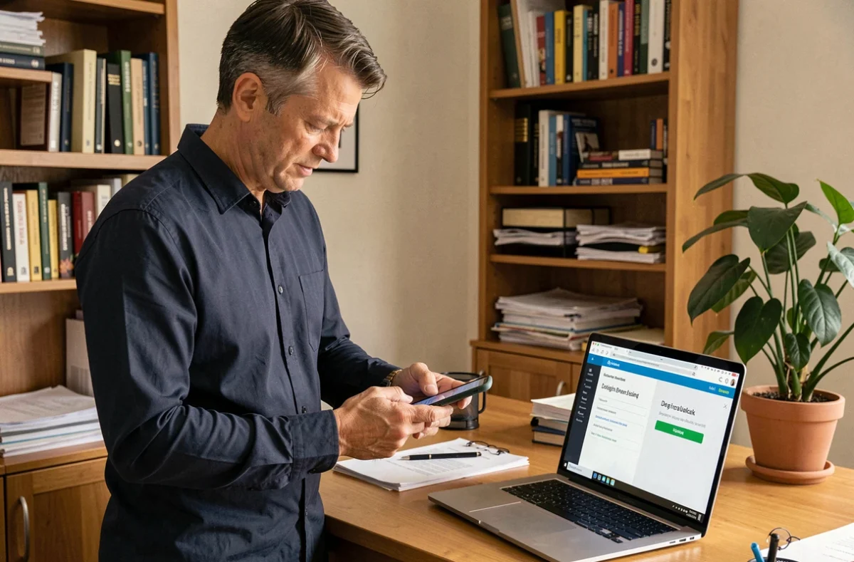 Homme utilisant son smartphone pour accéder à son compte GTM extra La Poste depuis son bureau à domicile