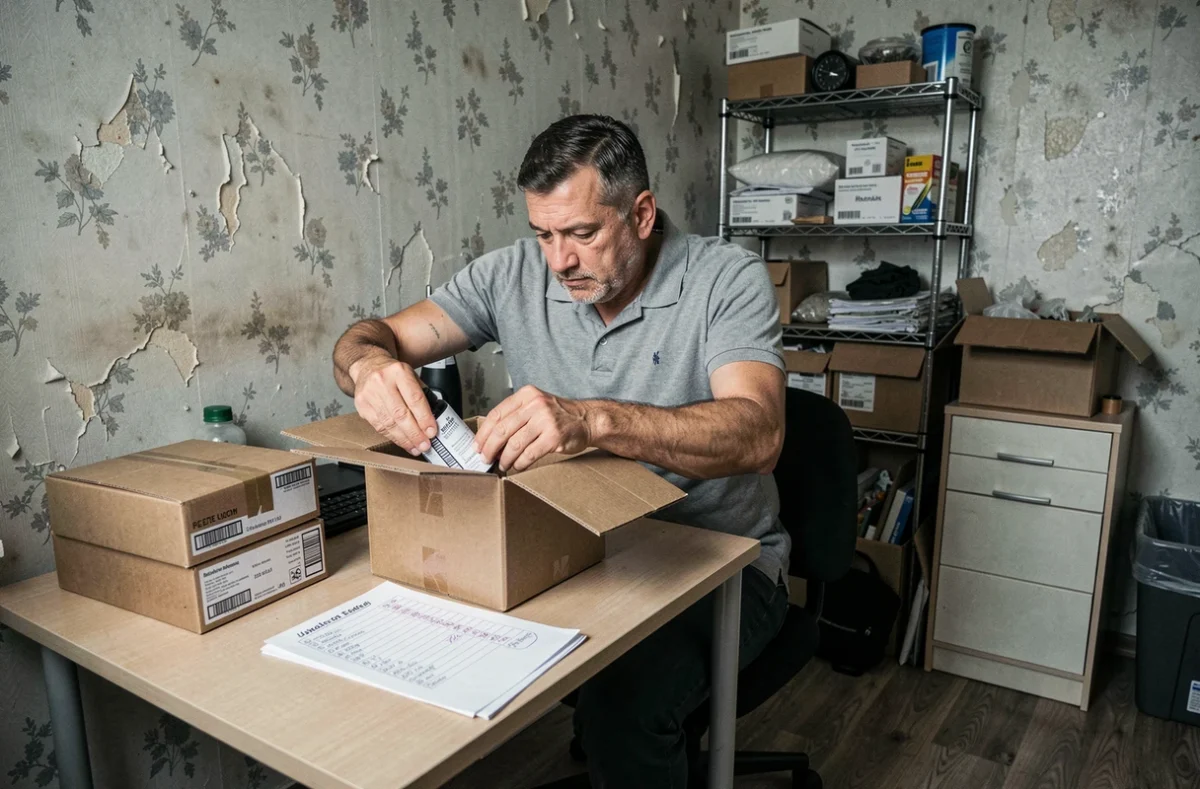 Homme concentré dans une chambre encombrée réalisant des tâches d'emballage à domicile pour un revenu complémentaire
