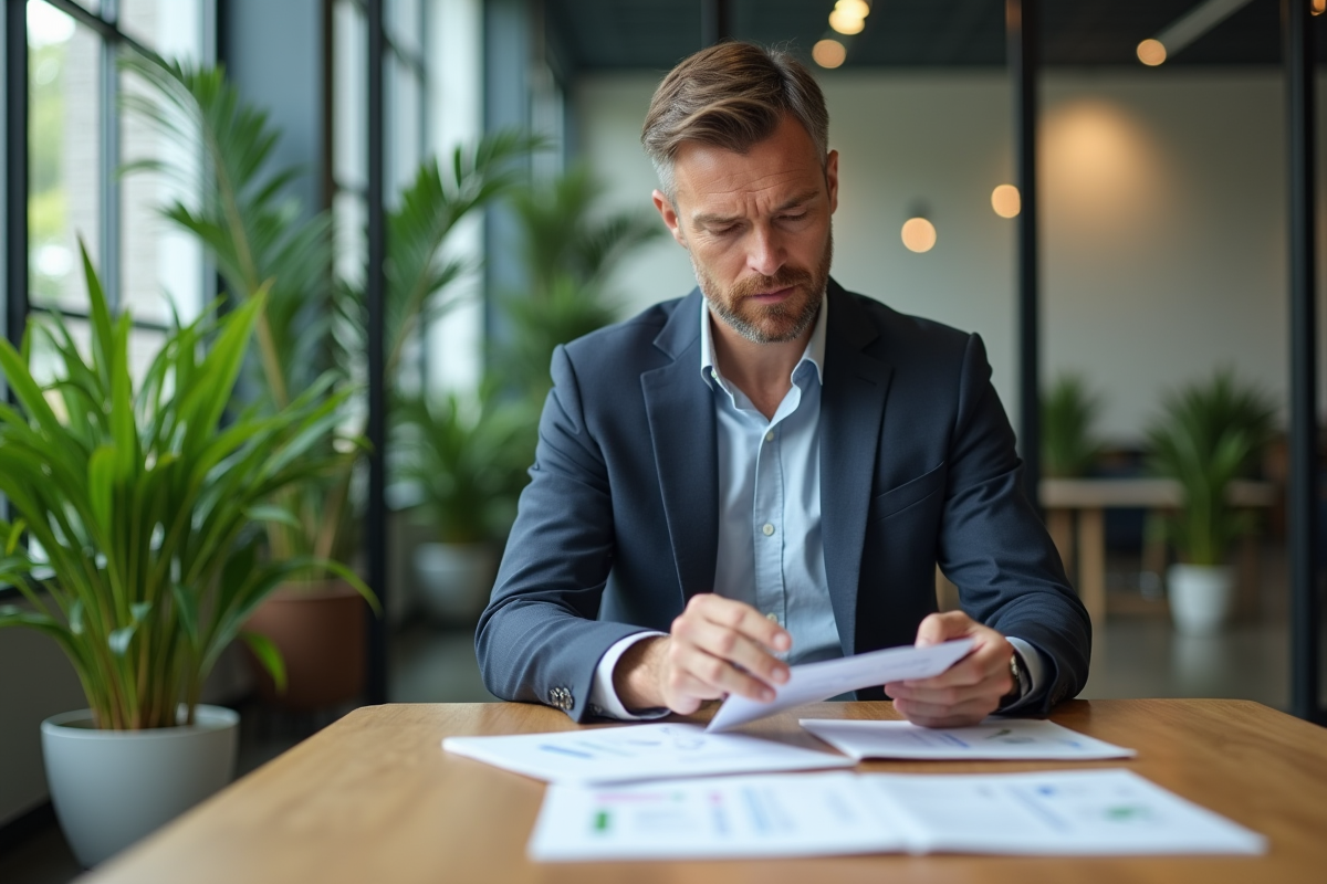 Homme d affaires en réunion avec matériaux recyclés et plantes d intérieur