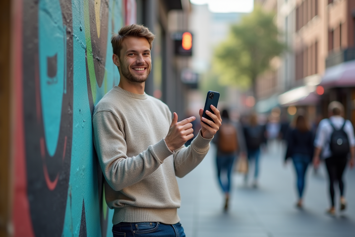 Jeune homme filmant un Reel Instagram devant une fresque urbaine