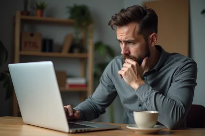Homme frustré devant son ordinateur portable affichant une erreur de connexion sur le portail myPrimobox