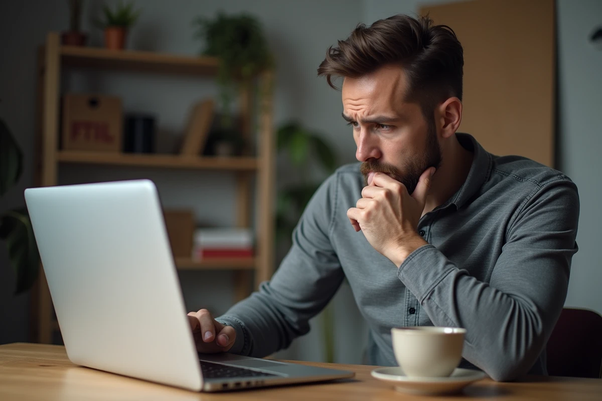 Homme frustré devant son ordinateur portable affichant une erreur de connexion sur le portail myPrimobox
