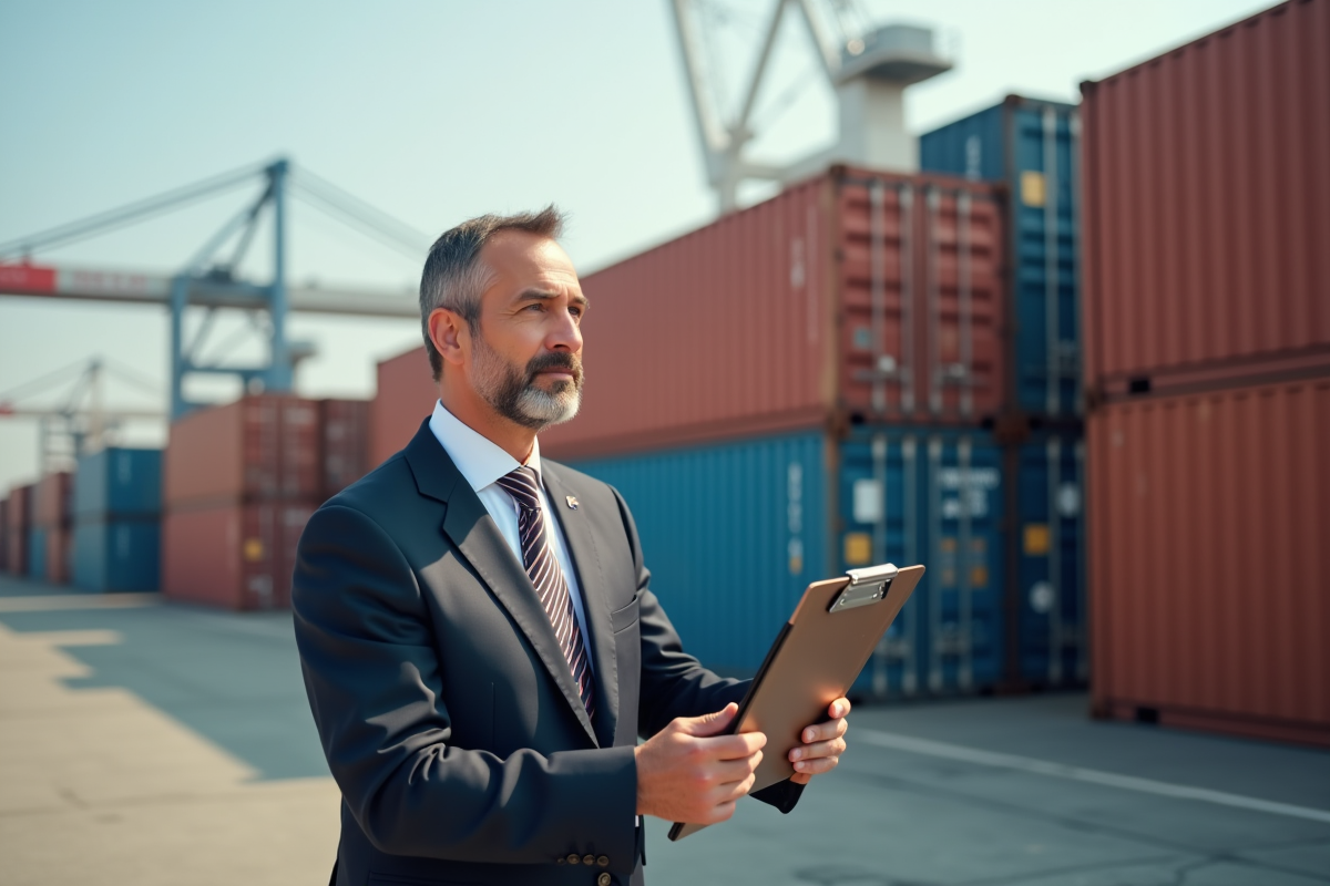 Homme d affaires sur un quai de port avec containers