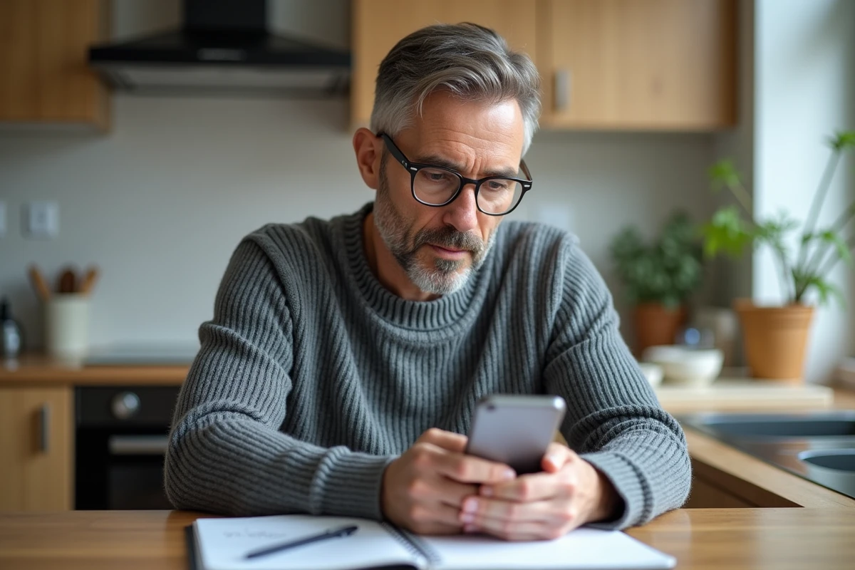 Homme consultant son téléphone pour trouver le numéro Urssaf depuis chez lui avec un bloc-notes