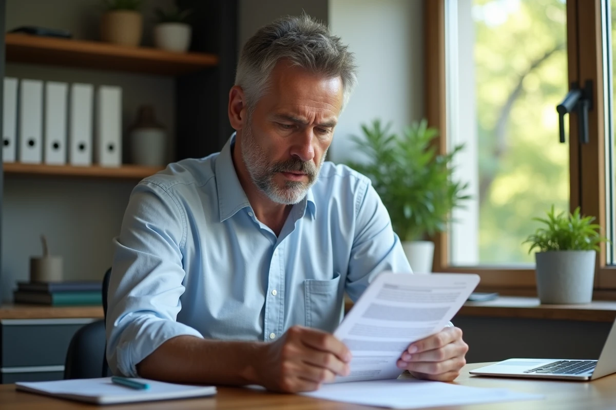 Homme en home office examinant un brouillon de d&eacute;mission