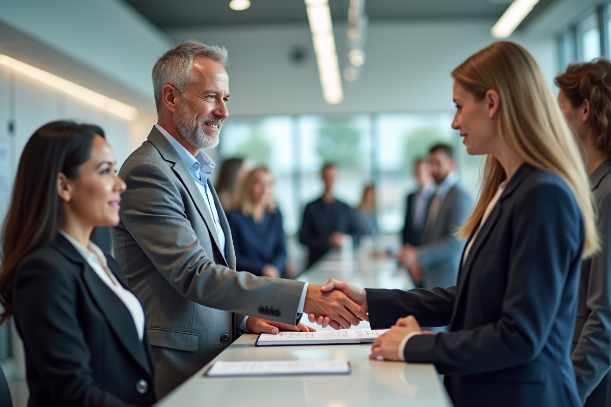 Homme en costume au service client avec client souriant