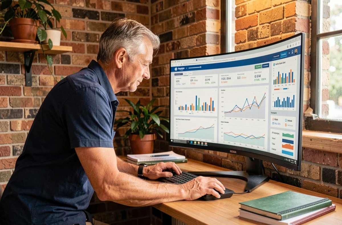 Homme travaillant debout devant un grand écran affichant des statistiques et indicateurs de performance dans un bureau à domicile