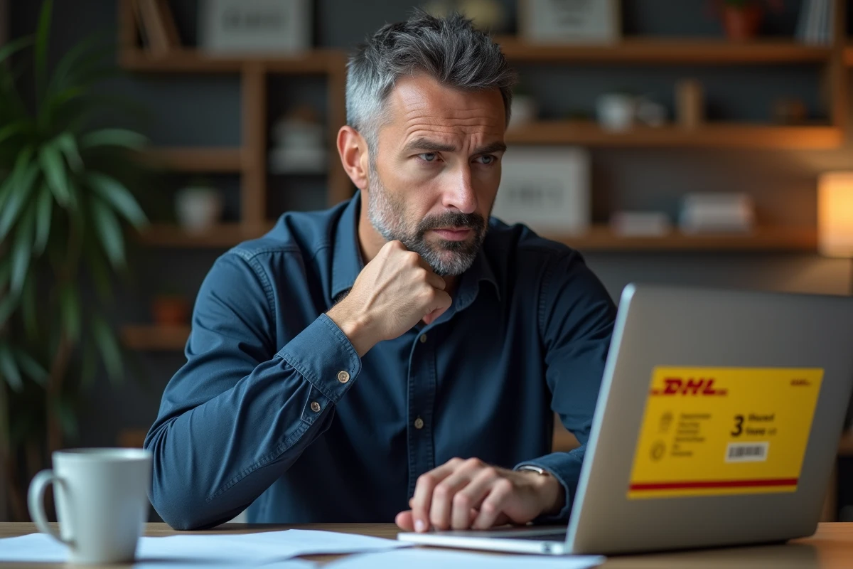 Homme consultant le suivi de colis DHL sur ordinateur portable en cherchant le numéro du service client