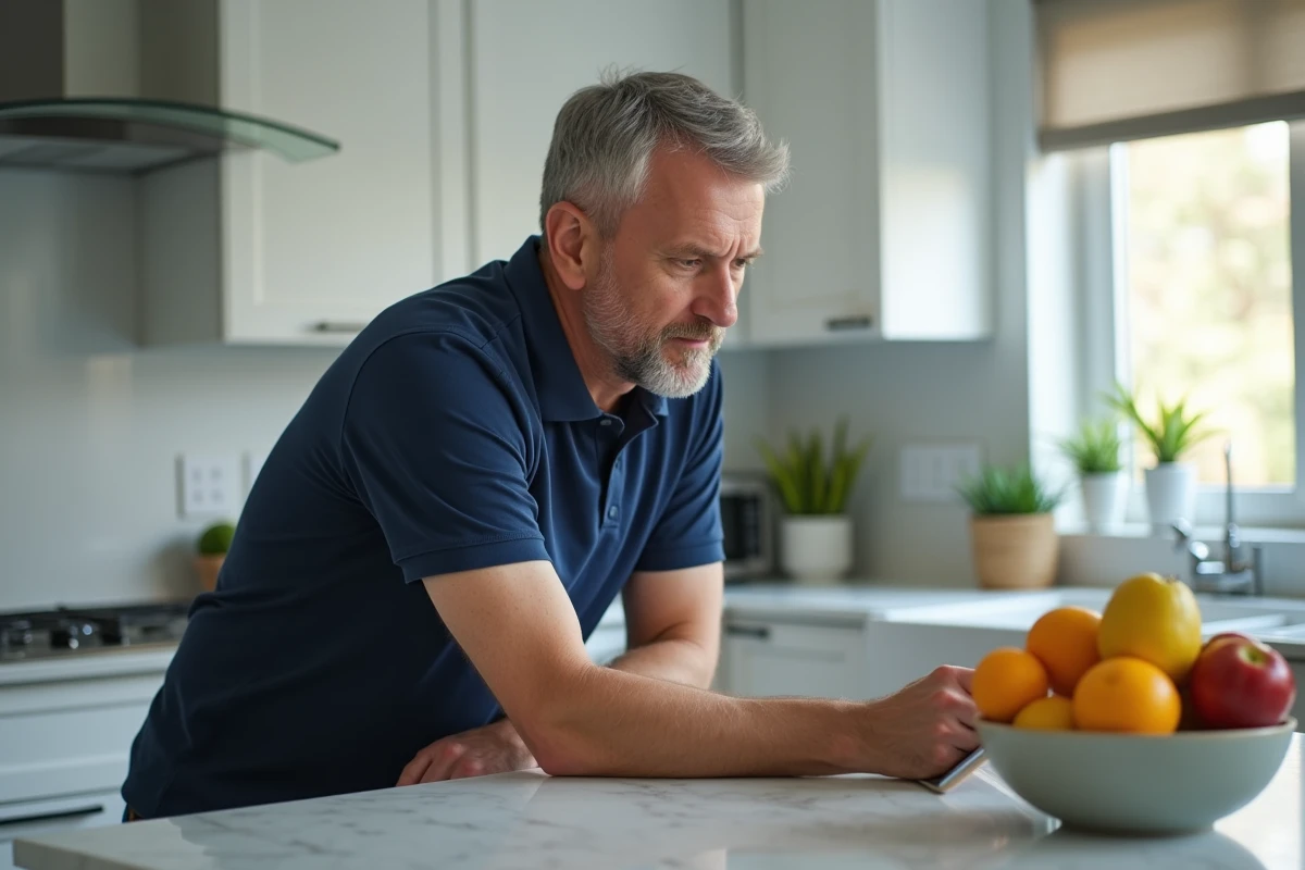 Homme consultant une page d'aide sur sa tablette dans sa cuisine pour résoudre un problème de connexion myPrimobox
