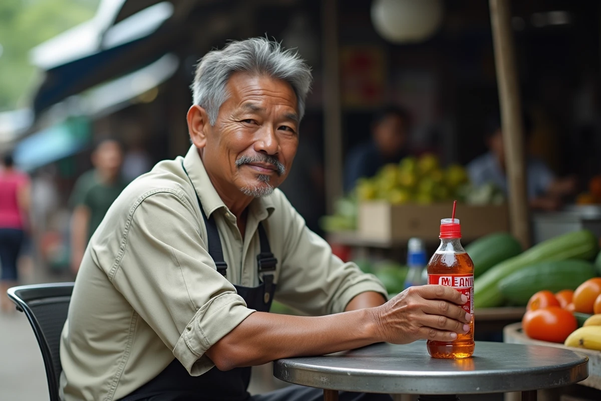 Homme thaïlandais dans un marché urbain avec boisson énergisante
