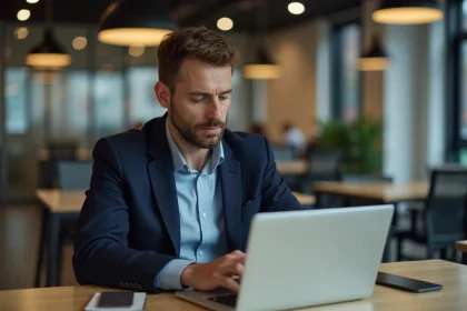 Homme d'&acirc;ge moyen travaillant sur un ordinateur dans un espace coworking