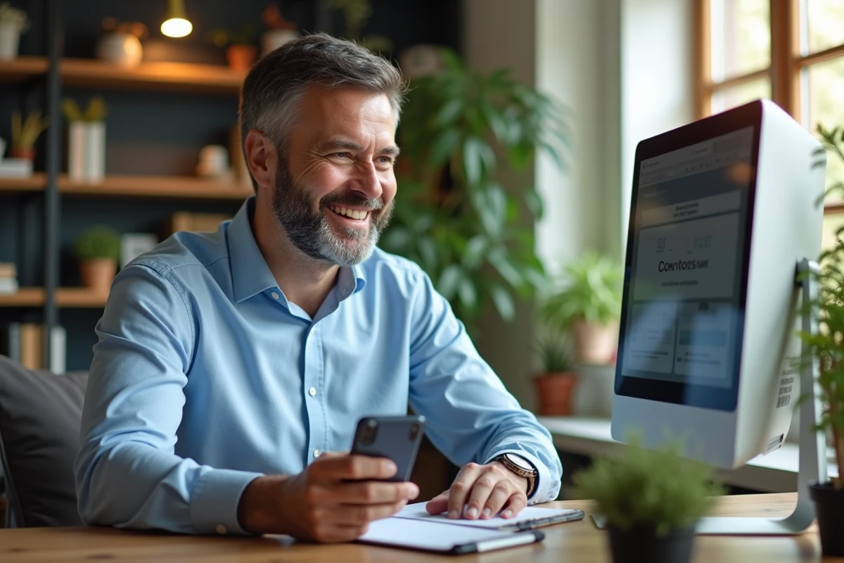Homme souriant travaillant sur son ordinateur à domicile