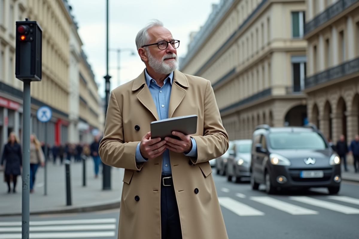 Homme senior en trench beige surveillant la circulation urbaine