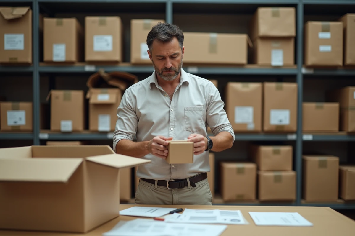 Homme v&eacute;rifiant un colis endommag&eacute; dans un entrep&ocirc;t