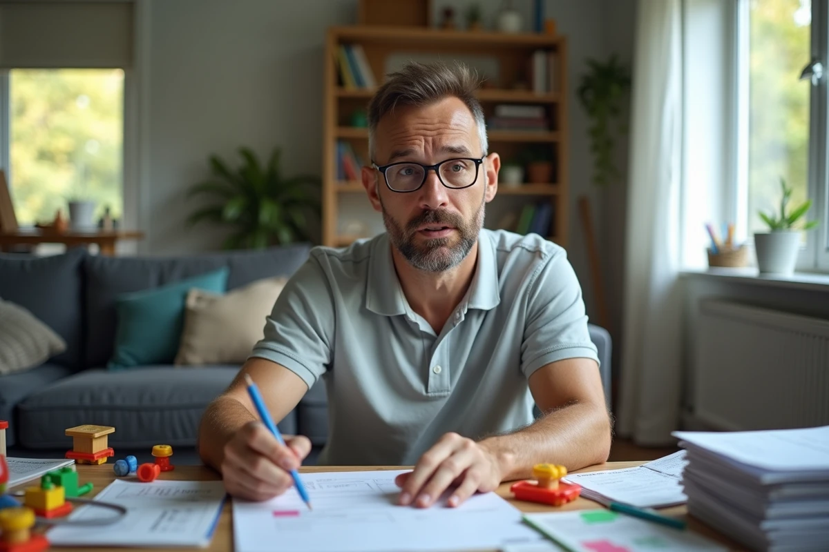 Homme en visioconference avec désordre familial autour