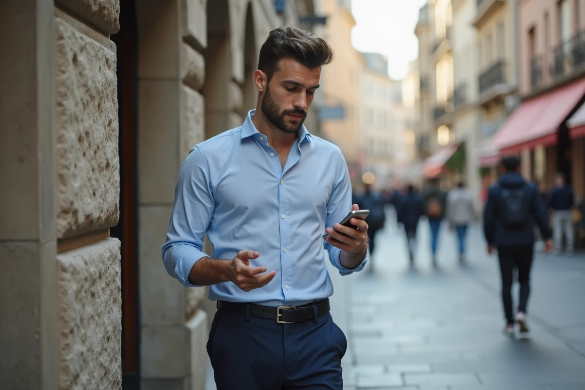 Jeune homme dans la rue comparant des avis de services