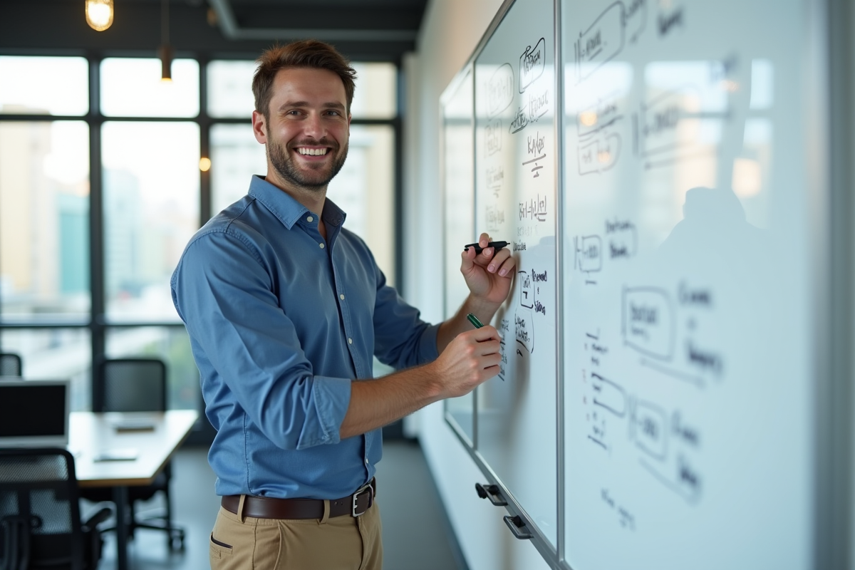 Jeune homme annotant des formules comptables au tableau blanc