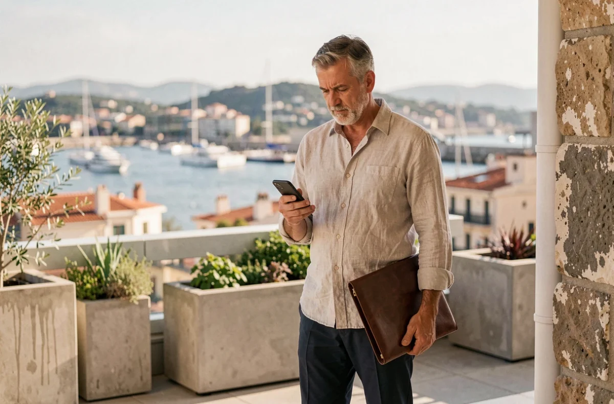 Travailleur indépendant consultant son téléphone sur une terrasse avec vue sur le port de Marseille