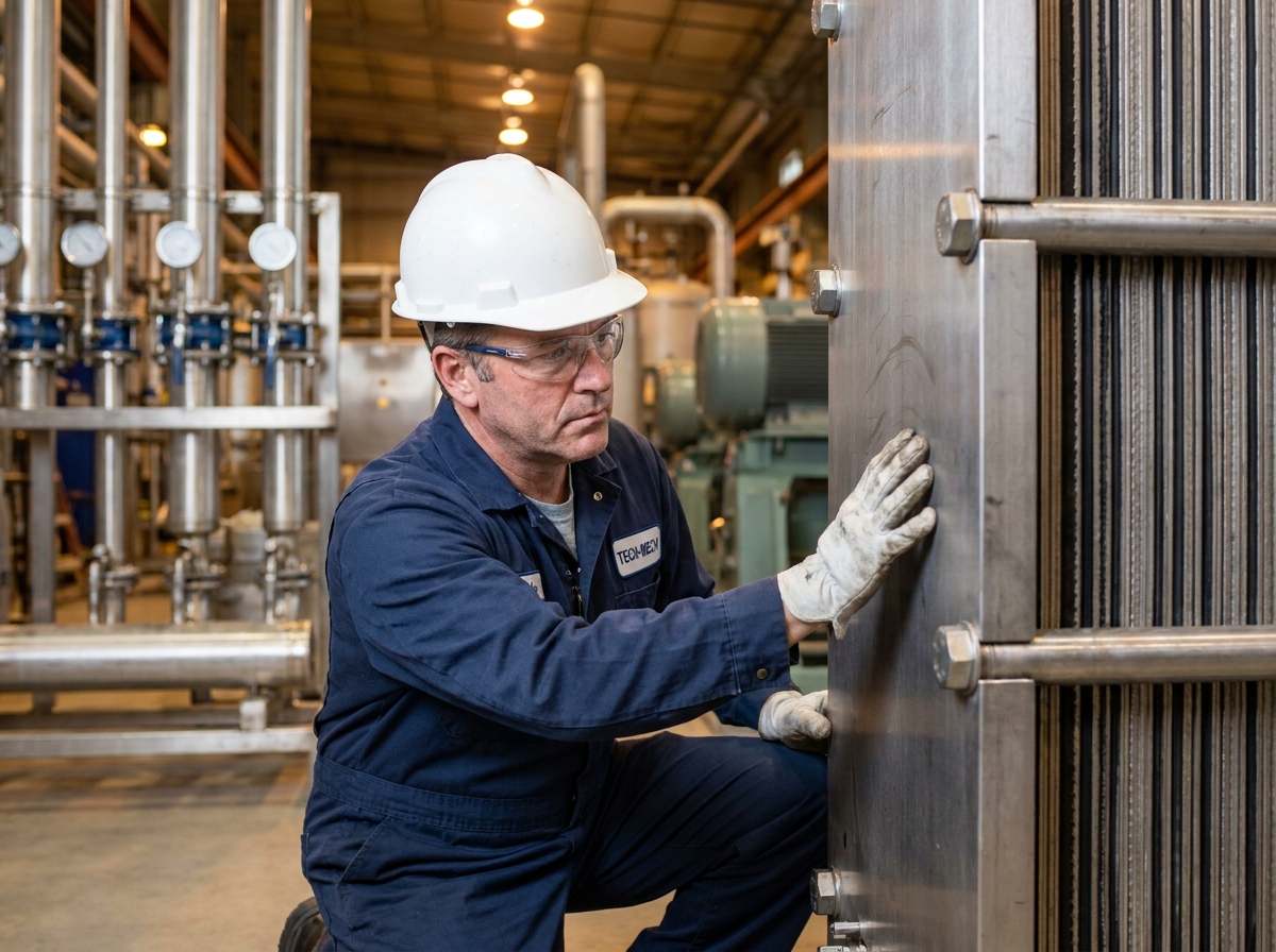 Ingénieur industriel inspectant un échangeur thermique à plaques en acier inoxydable dans une usine moderne