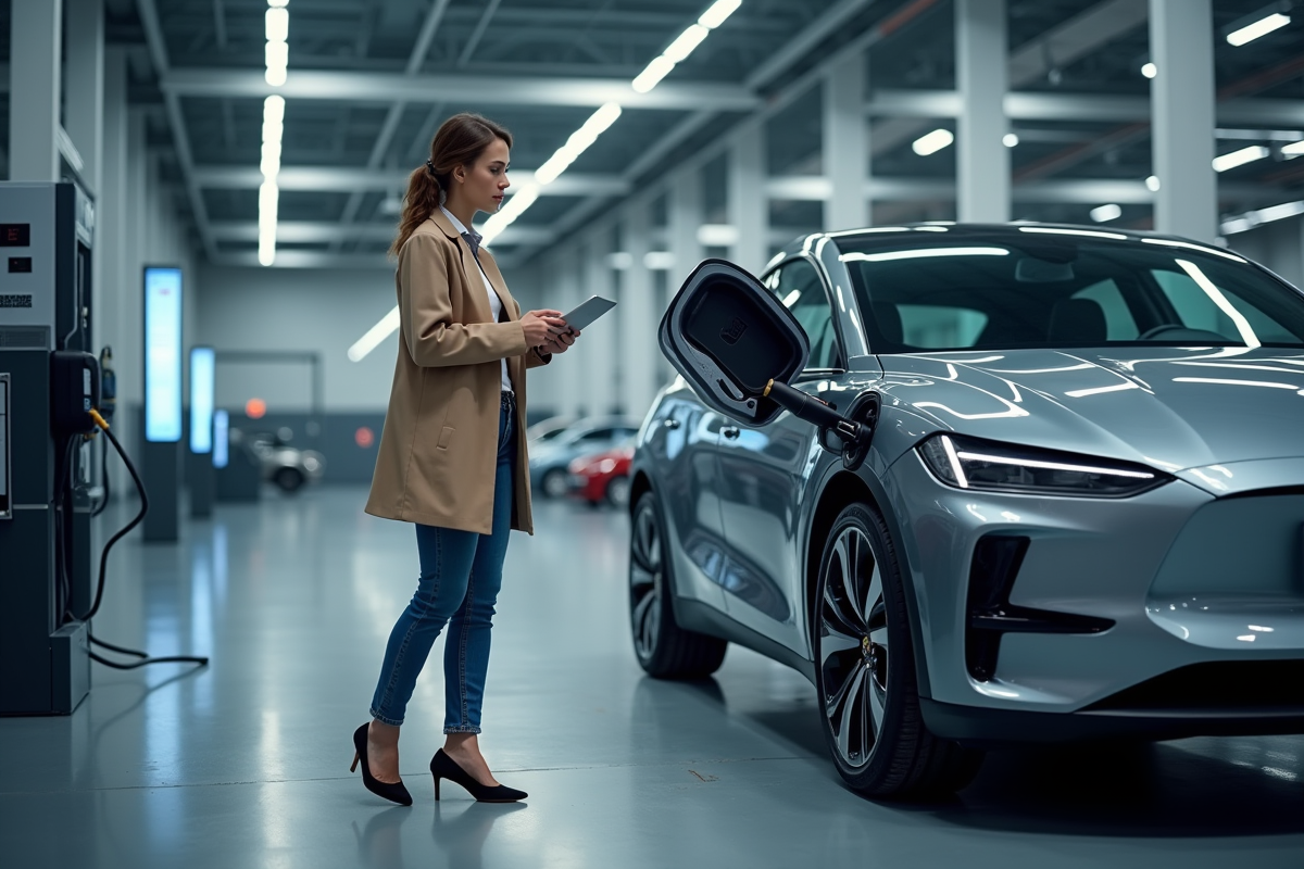 Ingénieure automobile examine une voiture électrique en intérieur