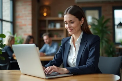 Femme professionnelle en blazer marine qui s'inscrit en ligne à l'événement lesentreprisesfrenchy 2026 sur un ordinateur portable dans un espace coworking moderne