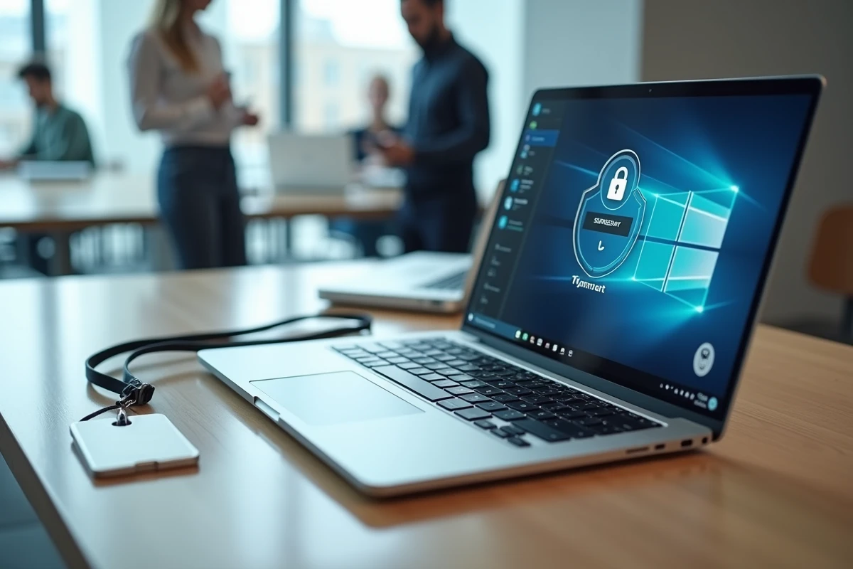 Ordinateur portable avec interface de connexion sécurisée Berger-Levrault et badge d'accès sur bureau en espace de coworking