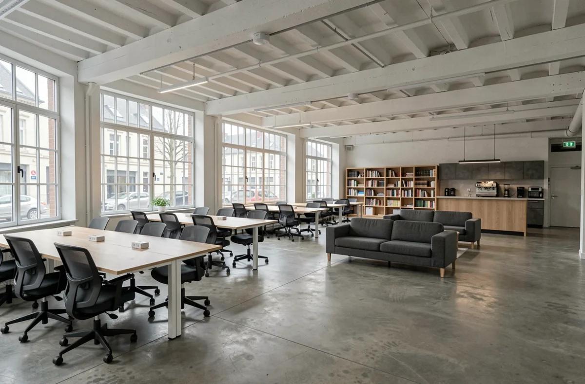 Vue intérieure d'un espace de coworking vide à Rouen avec tables communes et coin salon