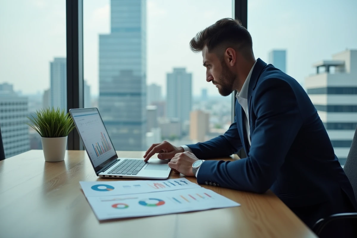 Un investisseur analysant des graphiques de portefeuille financier sur un bureau moderne dans un bureau avec vue sur la ville