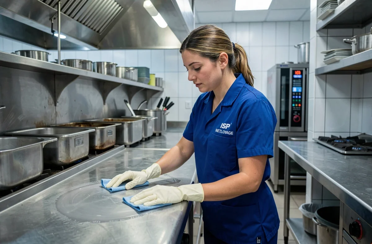Professionnelle ISP Nettoyage nettoyant une cuisine industrielle en inox dans un restaurant professionnel à Toulouse
