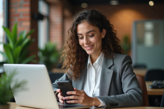 Jeune femme au bureau coworking avec laptop et smartphone