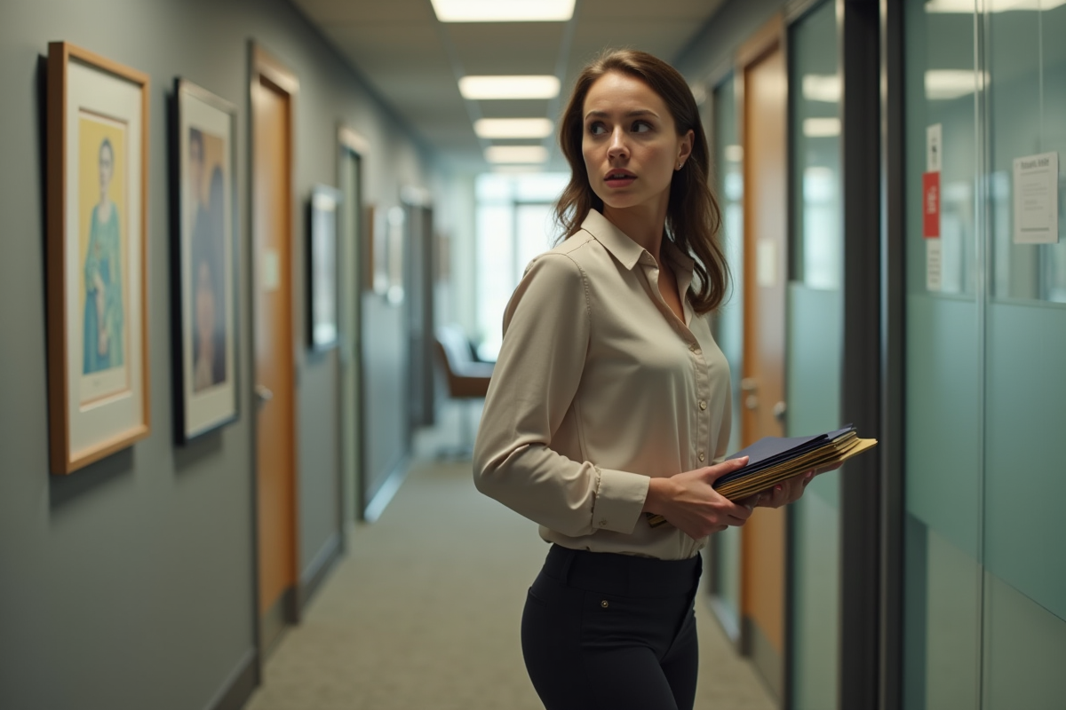Jeune femme dans un couloir d office avec dossiers