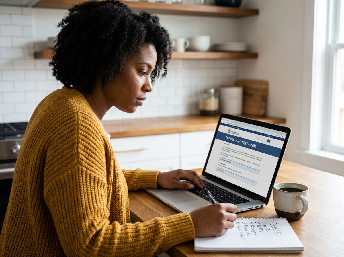 Jeune femme remplissant sa déclaration fiscale en ligne depuis sa cuisine avec une liste de vérification