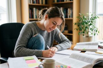 Jeune femme concentrée à son bureau à la maison