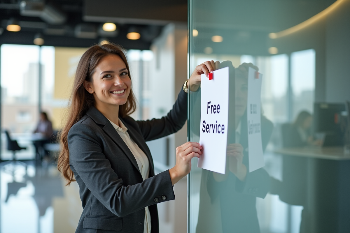 Jeune femme souriante dans un bureau moderne affichant un panneau 'Service Gratuit'